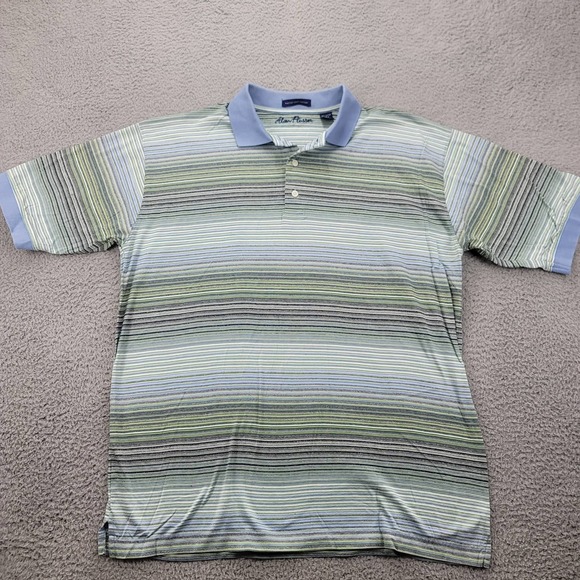 Alan Flusser Shirt‎ Mens Medium Green Striped Polo Golf Classic - Picture 1 of 12